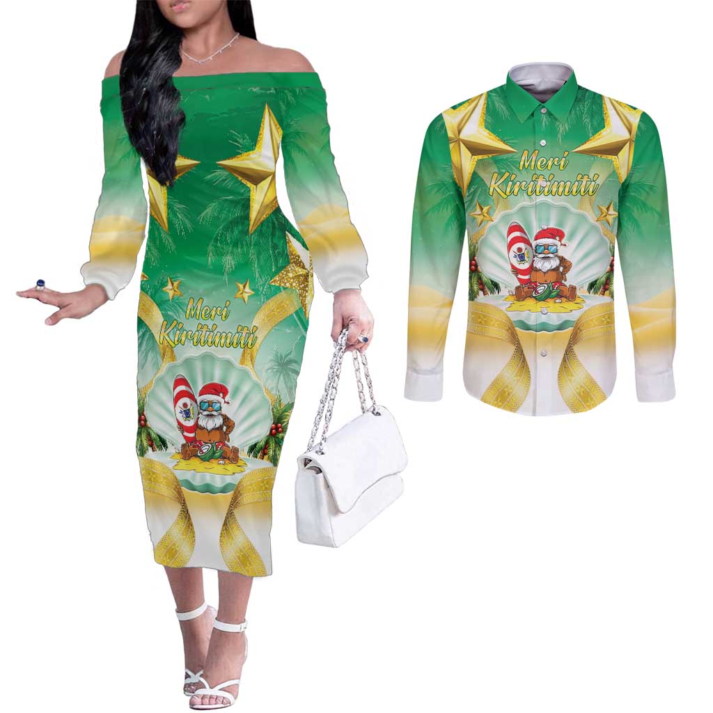 Cook Islands Christmas Couples Matching Off The Shoulder Long Sleeve Dress and Long Sleeve Button Shirt Seashell Santa Beach Vibes - Polynesian Pride