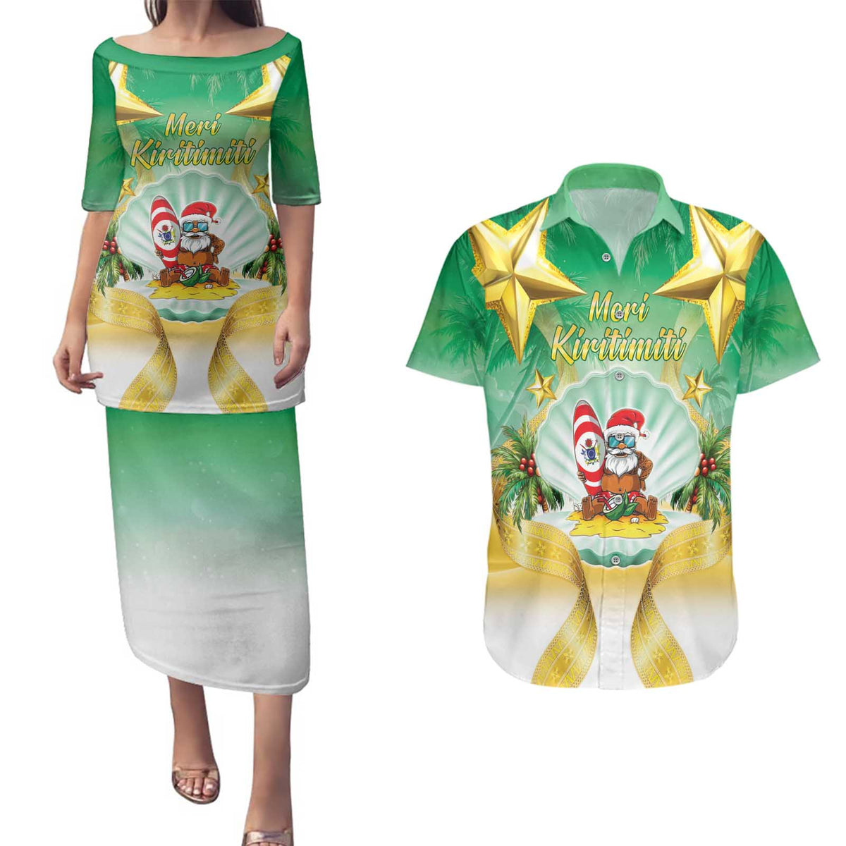 Cook Islands Christmas Couples Matching Puletasi and Hawaiian Shirt Seashell Santa Beach Vibes - Polynesian Pride