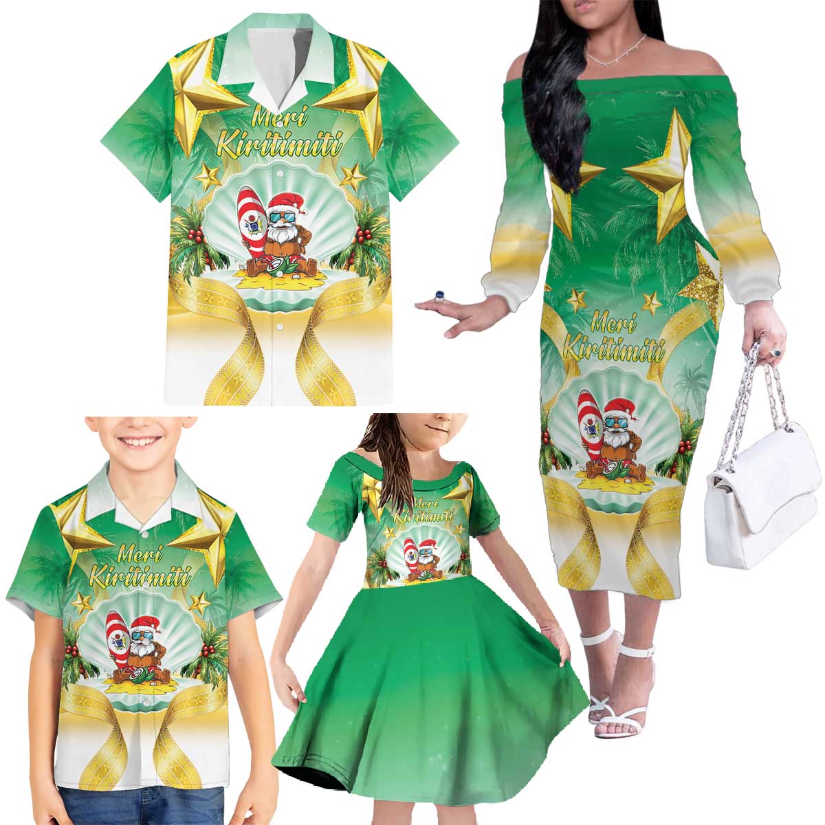 Cook Islands Christmas Family Matching Off The Shoulder Long Sleeve Dress and Hawaiian Shirt Seashell Santa Beach Vibes - Polynesian Pride