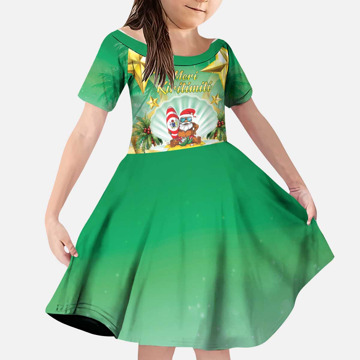 Cook Islands Christmas Kid Short Sleeve Dress Seashell Santa Beach Vibes - Polynesian Pride