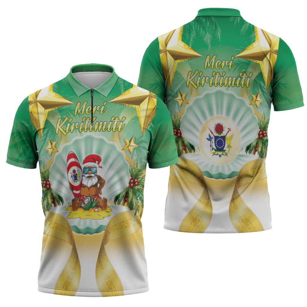 Cook Islands Christmas Zipper Polo Shirt Seashell Santa Beach Vibes - Polynesian Pride