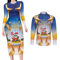 Marshall Islands Christmas Couples Matching Long Sleeve Bodycon Dress and Long Sleeve Button Shirt Seashell Santa Beach Vibes - Polynesian Pride