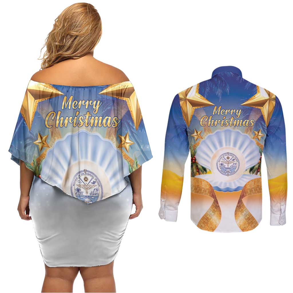 Marshall Islands Christmas Couples Matching Off Shoulder Short Dress and Long Sleeve Button Shirt Seashell Santa Beach Vibes - Polynesian Pride