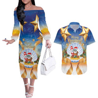 Marshall Islands Christmas Couples Matching Off The Shoulder Long Sleeve Dress and Hawaiian Shirt Seashell Santa Beach Vibes - Polynesian Pride