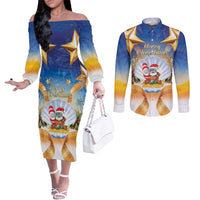 Marshall Islands Christmas Couples Matching Off The Shoulder Long Sleeve Dress and Long Sleeve Button Shirt Seashell Santa Beach Vibes - Polynesian Pride