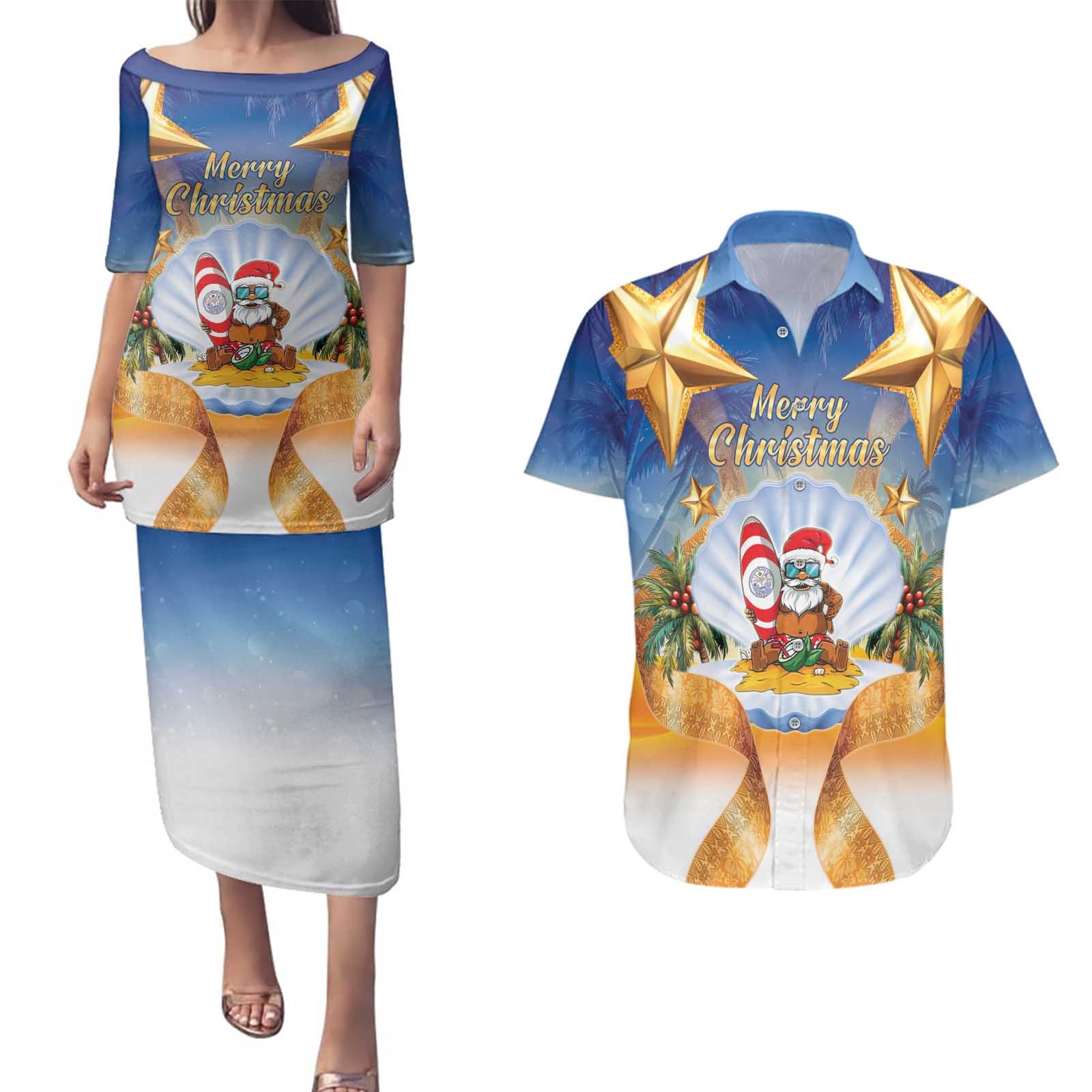 Marshall Islands Christmas Couples Matching Puletasi and Hawaiian Shirt Seashell Santa Beach Vibes - Polynesian Pride