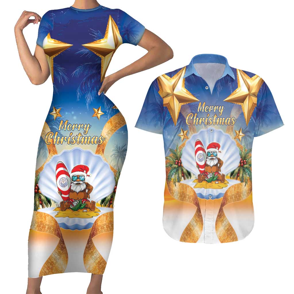 Marshall Islands Christmas Couples Matching Short Sleeve Bodycon Dress and Hawaiian Shirt Seashell Santa Beach Vibes - Polynesian Pride