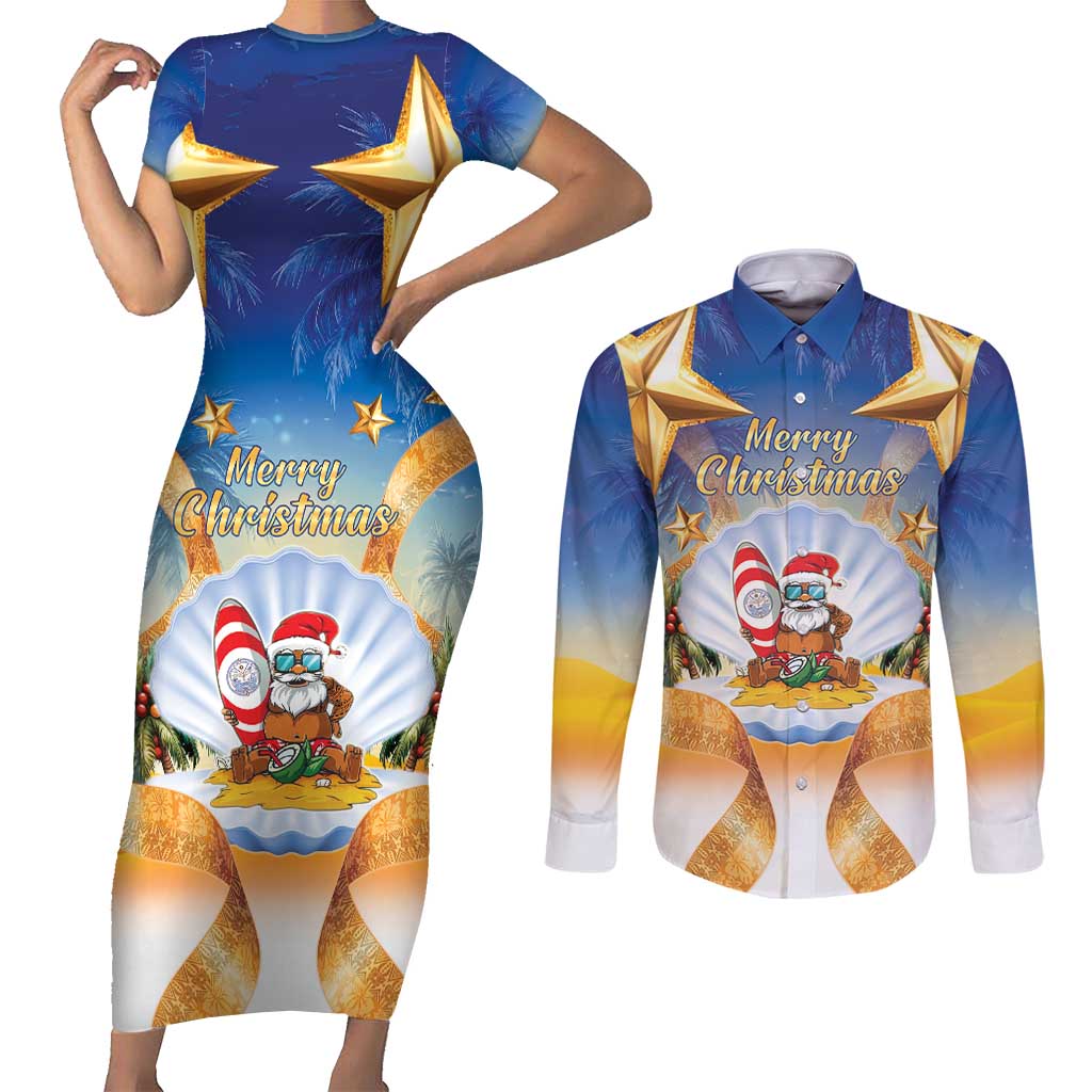 Marshall Islands Christmas Couples Matching Short Sleeve Bodycon Dress and Long Sleeve Button Shirt Seashell Santa Beach Vibes - Polynesian Pride
