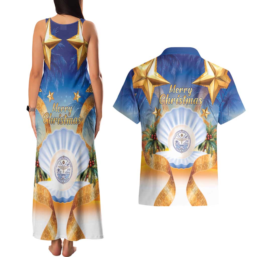 Marshall Islands Christmas Couples Matching Tank Maxi Dress and Hawaiian Shirt Seashell Santa Beach Vibes - Polynesian Pride