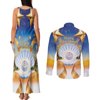 Marshall Islands Christmas Couples Matching Tank Maxi Dress and Long Sleeve Button Shirt Seashell Santa Beach Vibes - Polynesian Pride