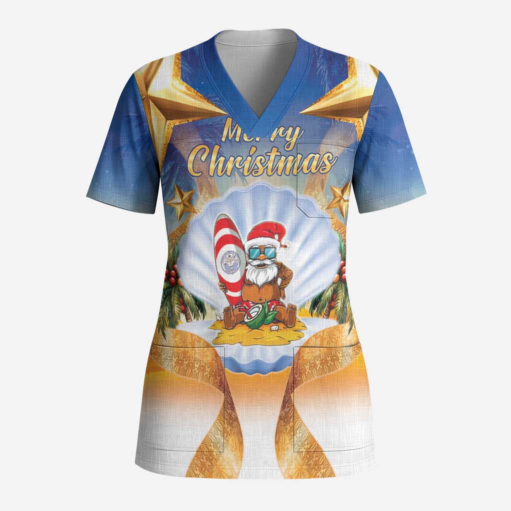 Marshall Islands Christmas Scrub Top Seashell Santa Beach Vibes - Polynesian Pride