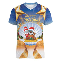 Marshall Islands Christmas Women V-Neck T-Shirt Seashell Santa Beach Vibes - Polynesian Pride