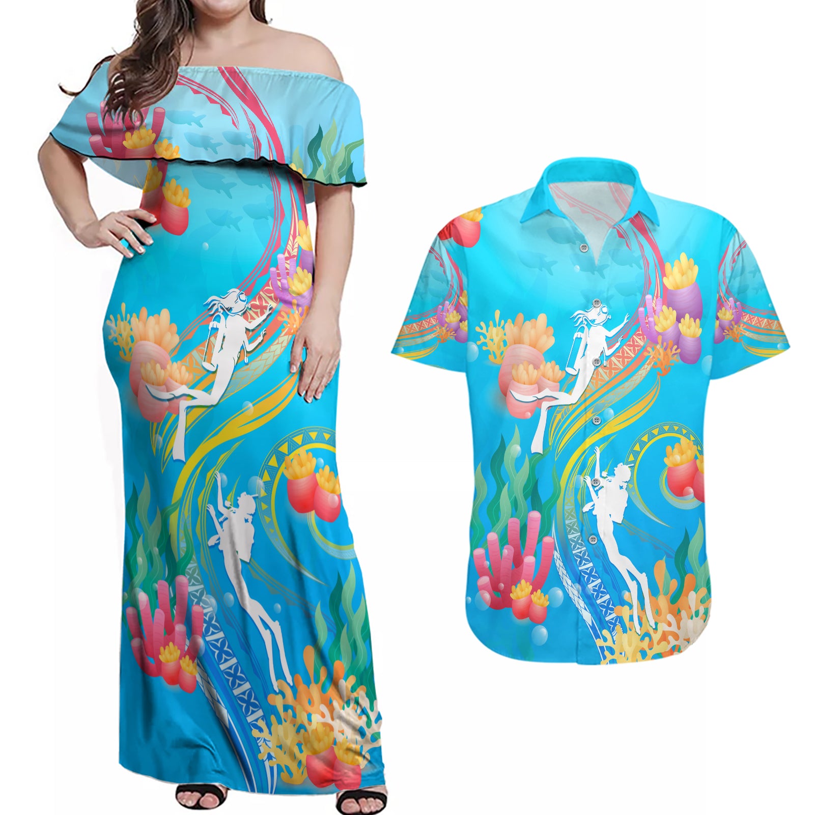 Under The Sea Scuba Diving Couples Matching Off Shoulder Maxi Dress and Hawaiian Shirt Polynesian Pattern LT05 Blue - Polynesian Pride