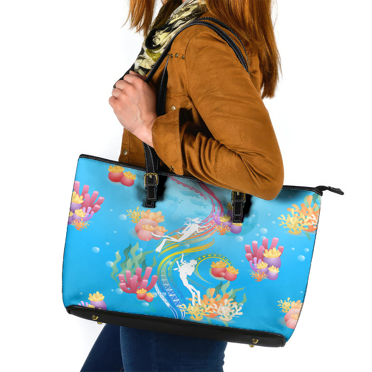 Under The Sea Scuba Diving Leather Tote Bag Polynesian Pattern LT05 Blue - Polynesian Pride