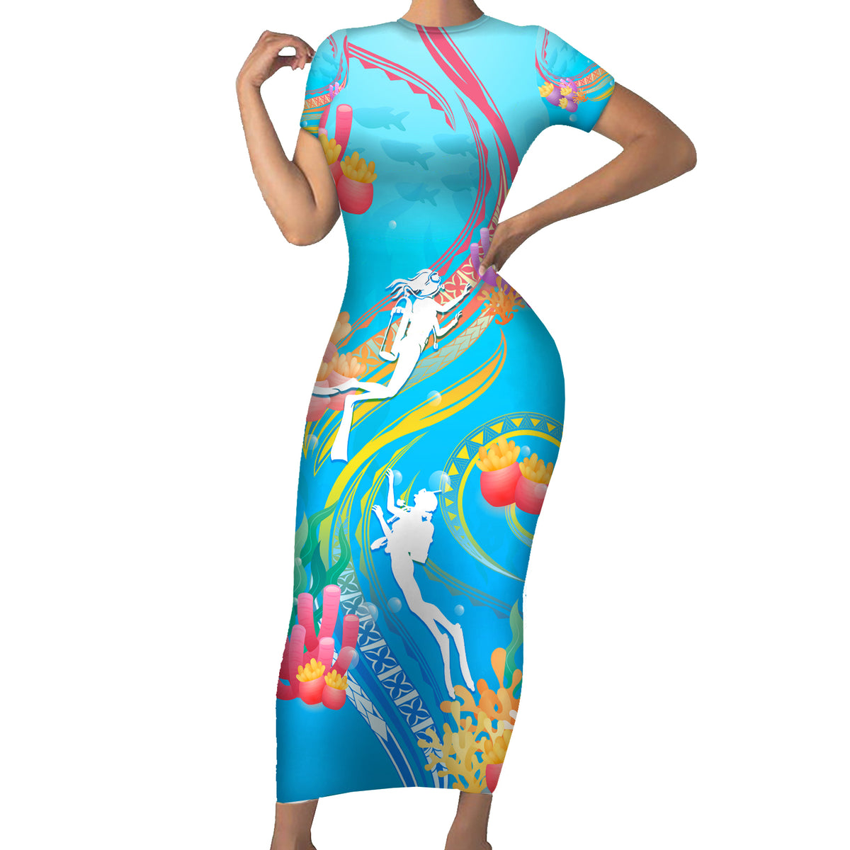 Under The Sea Scuba Diving Short Sleeve Bodycon Dress Polynesian Pattern LT05 Long Dress Blue - Polynesian Pride