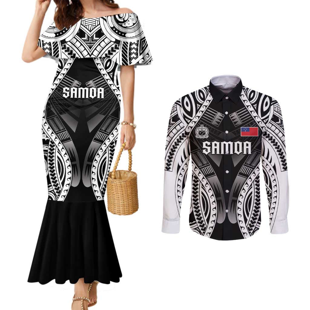 Personalised Remember Samoa Black Saturday Couples Matching Mermaid Dress and Long Sleeve Button Shirt Samoa Mo Samoa - Polynesian Pride