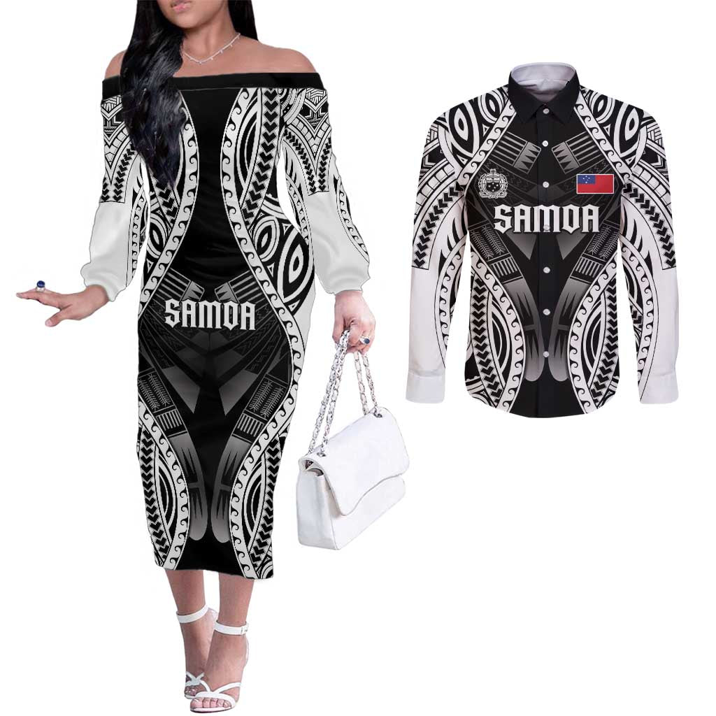 Personalised Remember Samoa Black Saturday Couples Matching Off The Shoulder Long Sleeve Dress and Long Sleeve Button Shirt Samoa Mo Samoa - Polynesian Pride