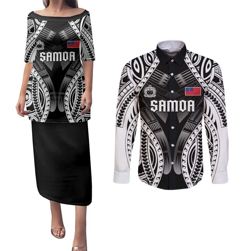 Personalised Remember Samoa Black Saturday Couples Matching Puletasi and Long Sleeve Button Shirt Samoa Mo Samoa - Polynesian Pride