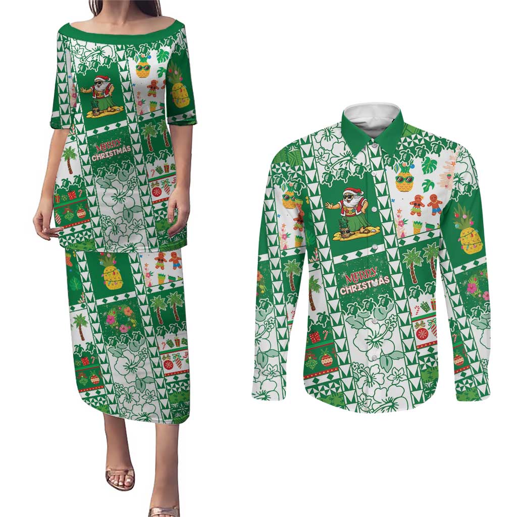Norfolk Island Christmas Couples Matching Puletasi and Long Sleeve Button Shirt Festive Beach Vibes - Polynesian Pride