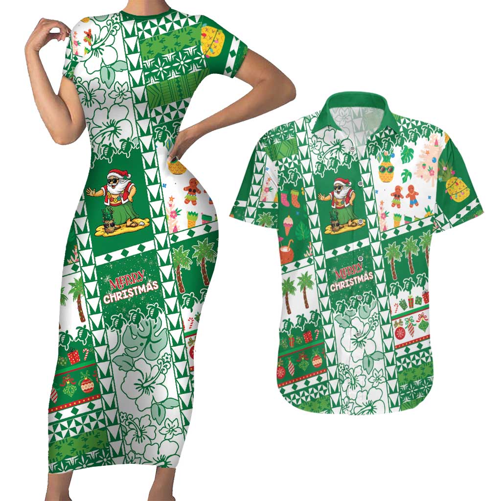Norfolk Island Christmas Couples Matching Short Sleeve Bodycon Dress and Hawaiian Shirt Festive Beach Vibes LT05 Green - Polynesian Pride