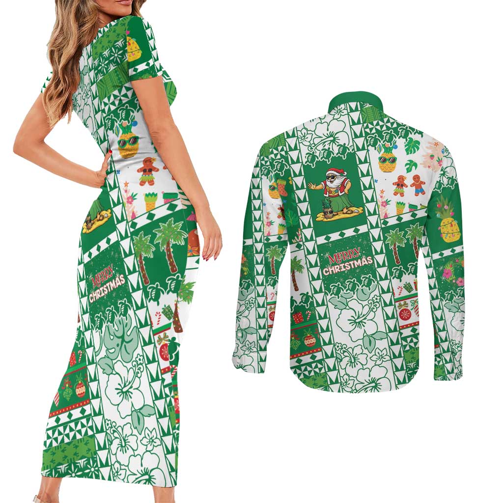 Norfolk Island Christmas Couples Matching Short Sleeve Bodycon Dress and Long Sleeve Button Shirt Festive Beach Vibes - Polynesian Pride
