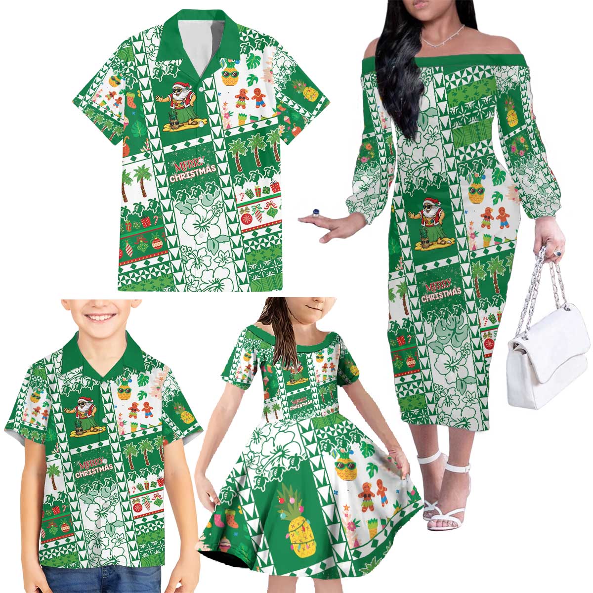 Norfolk Island Christmas Family Matching Off The Shoulder Long Sleeve Dress and Hawaiian Shirt Festive Beach Vibes - Polynesian Pride