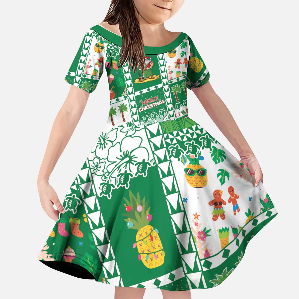 Norfolk Island Christmas Kid Short Sleeve Dress Festive Beach Vibes - Polynesian Pride