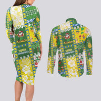 Pitcairn Islands Christmas Couples Matching Long Sleeve Bodycon Dress and Long Sleeve Button Shirt Festive Beach Vibes - Polynesian Pride