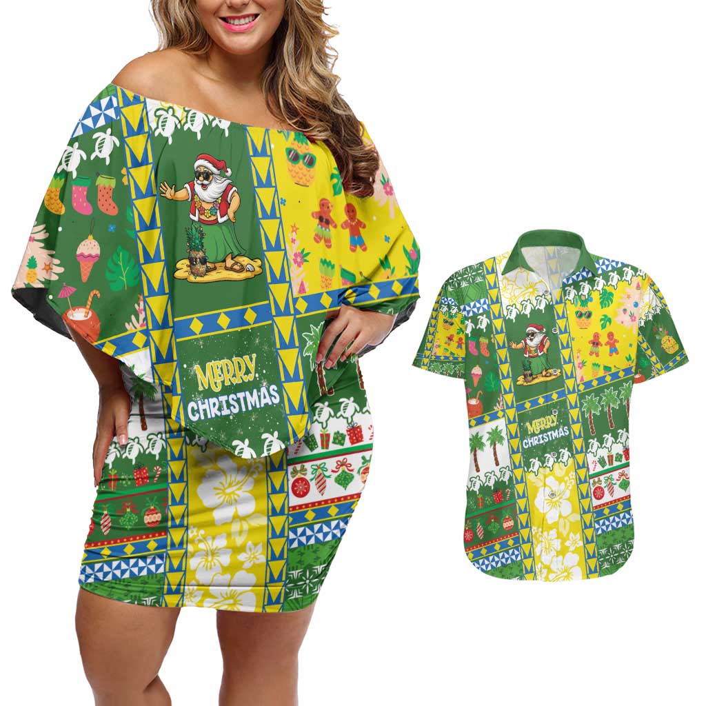 Pitcairn Islands Christmas Couples Matching Off Shoulder Short Dress and Hawaiian Shirt Festive Beach Vibes - Polynesian Pride