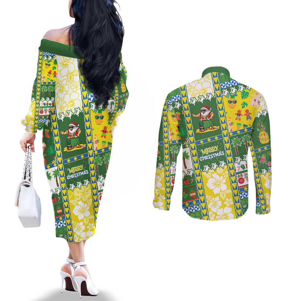 Pitcairn Islands Christmas Couples Matching Off The Shoulder Long Sleeve Dress and Long Sleeve Button Shirt Festive Beach Vibes - Polynesian Pride