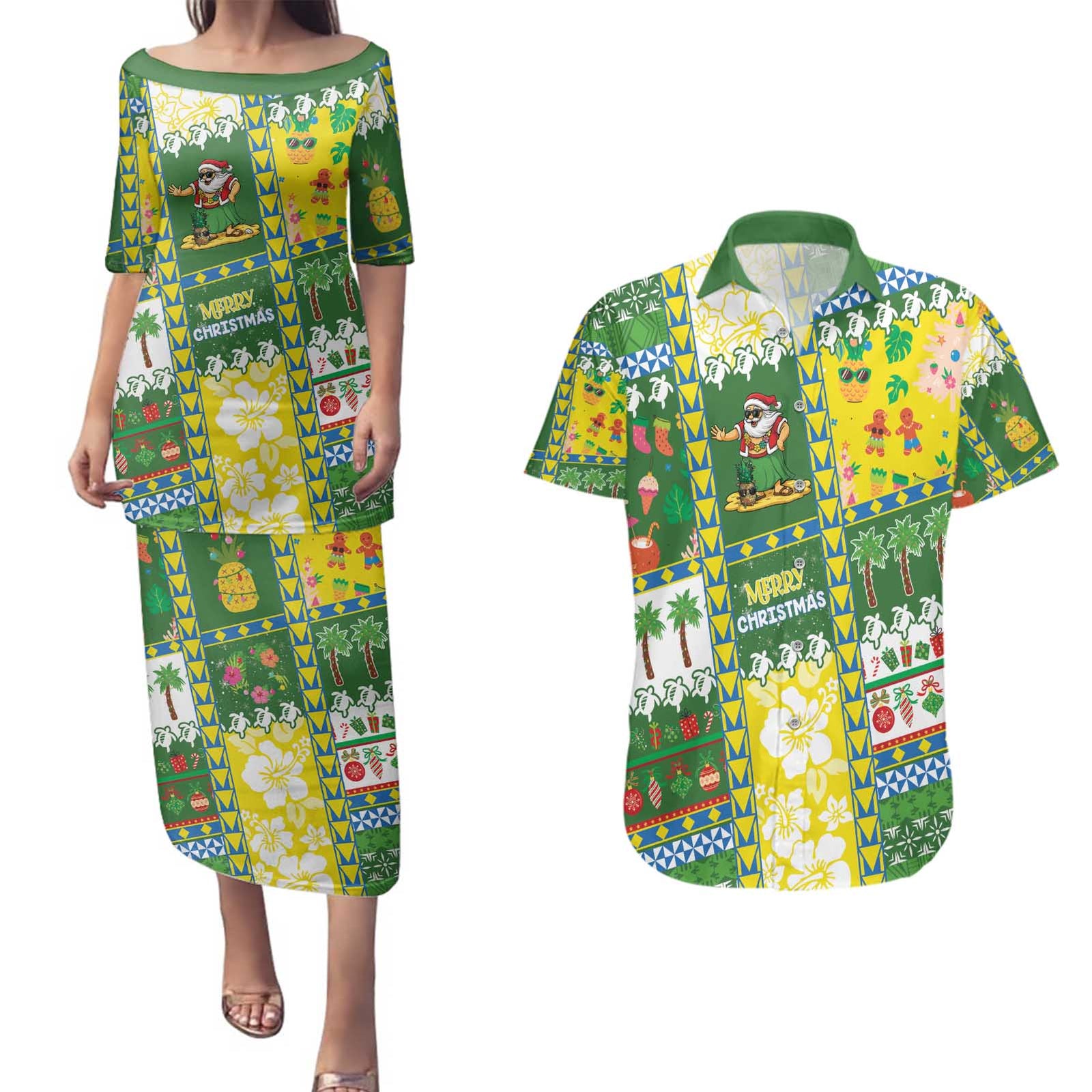 Pitcairn Islands Christmas Couples Matching Puletasi and Hawaiian Shirt Festive Beach Vibes - Polynesian Pride