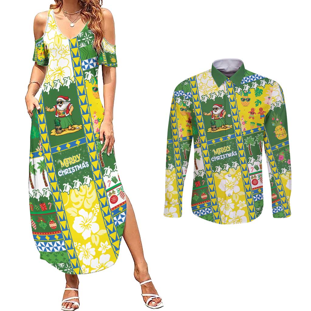 Pitcairn Islands Christmas Couples Matching Summer Maxi Dress and Long Sleeve Button Shirt Festive Beach Vibes - Polynesian Pride