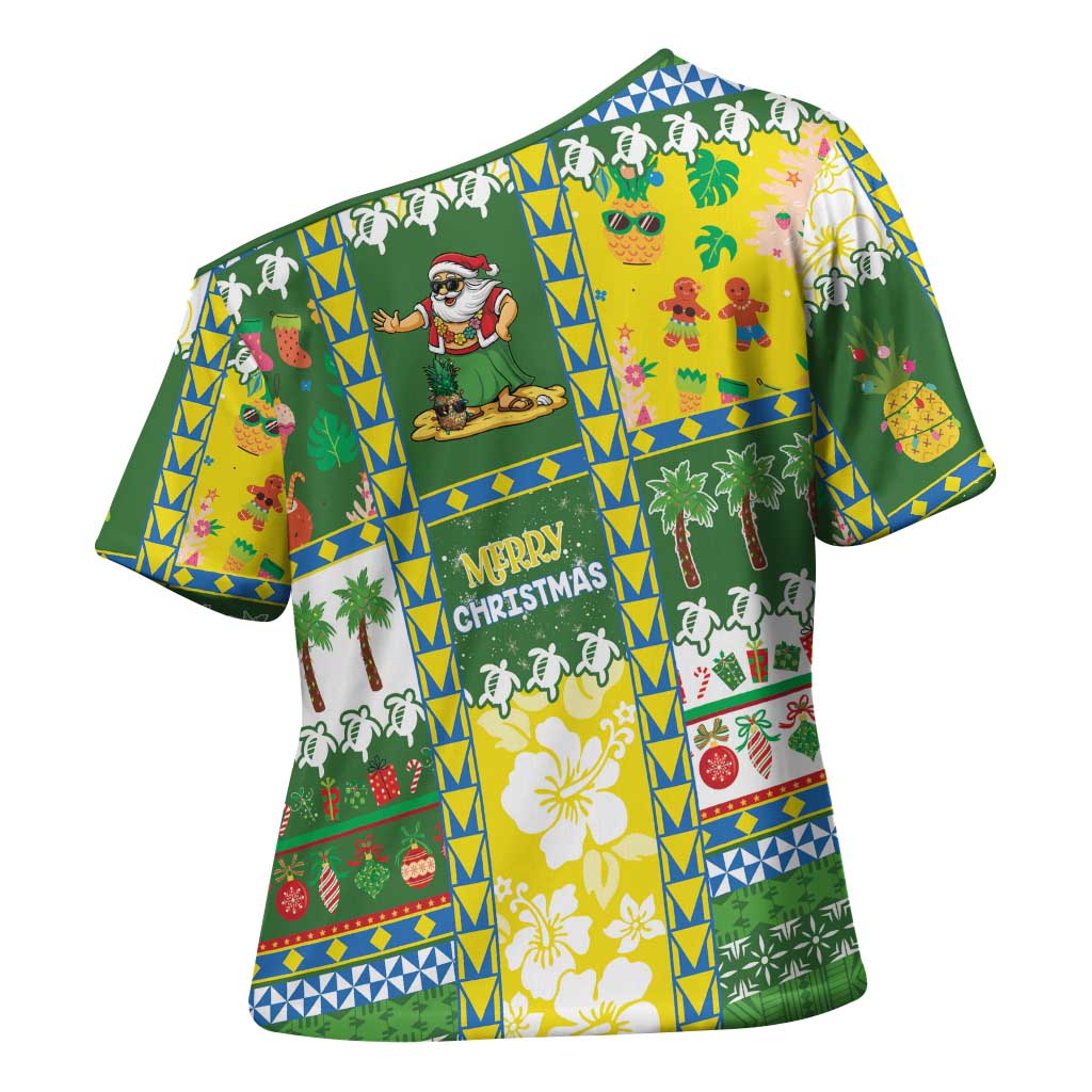 Pitcairn Islands Christmas Cross Shoulder Shirt Festive Beach Vibes - Polynesian Pride