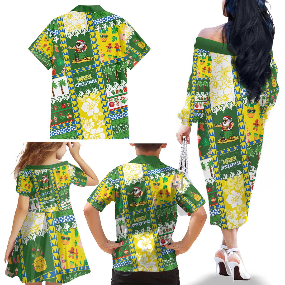 Pitcairn Islands Christmas Family Matching Off The Shoulder Long Sleeve Dress and Hawaiian Shirt Festive Beach Vibes - Polynesian Pride