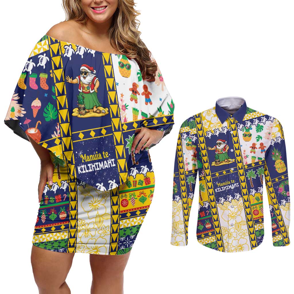 Tokelau Christmas Couples Matching Off Shoulder Short Dress and Long Sleeve Button Shirt Festive Beach Vibes - Polynesian Pride