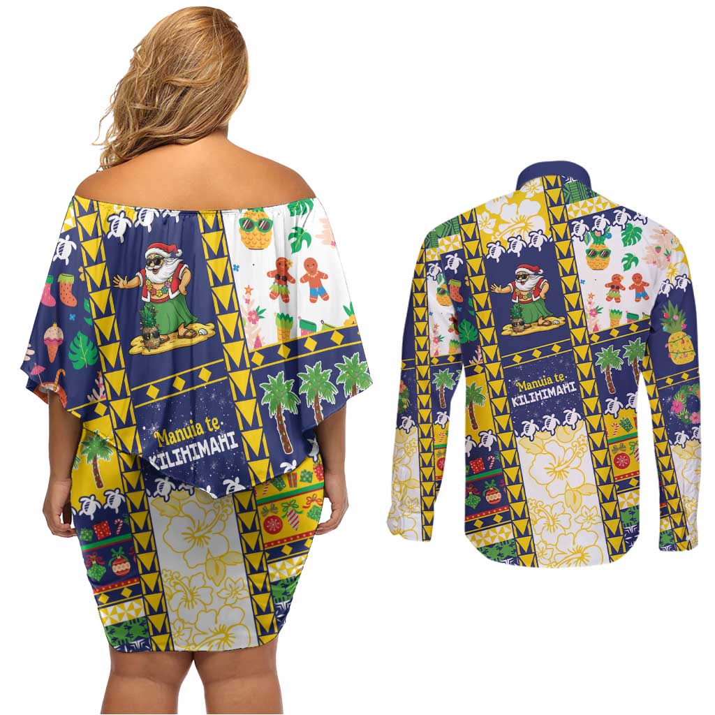 Tokelau Christmas Couples Matching Off Shoulder Short Dress and Long Sleeve Button Shirt Festive Beach Vibes - Polynesian Pride