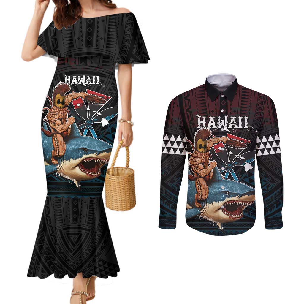 Hawaii Ikaika Couples Matching Mermaid Dress and Long Sleeve Button Shirt Hawaiian Mythic Koa Tribal Warrior