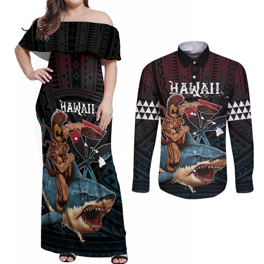 Hawaii Ikaika Couples Matching Off Shoulder Maxi Dress and Long Sleeve Button Shirt Hawaiian Mythic Koa Tribal Warrior