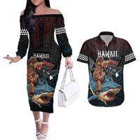 Hawaii Ikaika Couples Matching Off The Shoulder Long Sleeve Dress and Hawaiian Shirt Hawaiian Mythic Koa Tribal Warrior