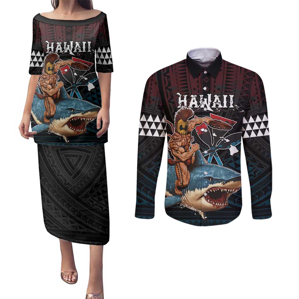 Hawaii Ikaika Couples Matching Puletasi and Long Sleeve Button Shirt Hawaiian Mythic Koa Tribal Warrior