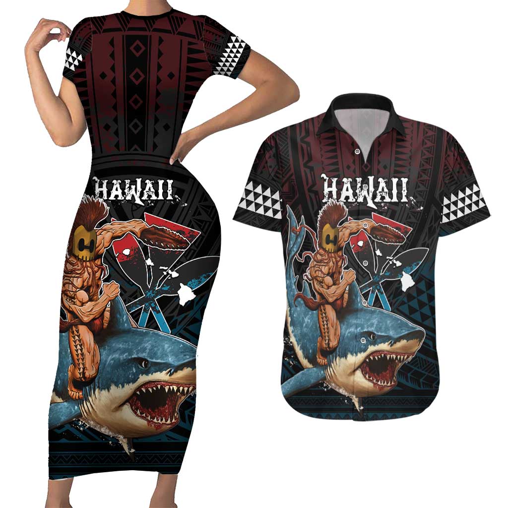 Hawaii Ikaika Couples Matching Short Sleeve Bodycon Dress and Hawaiian Shirt Hawaiian Mythic Koa Tribal Warrior