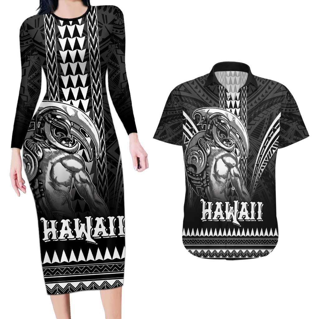 Hawaiian Ikaika Warrior Couples Matching Long Sleeve Bodycon Dress and Hawaiian Shirt Tribal Pattern