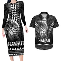 Hawaiian Ikaika Warrior Couples Matching Long Sleeve Bodycon Dress and Hawaiian Shirt Tribal Pattern