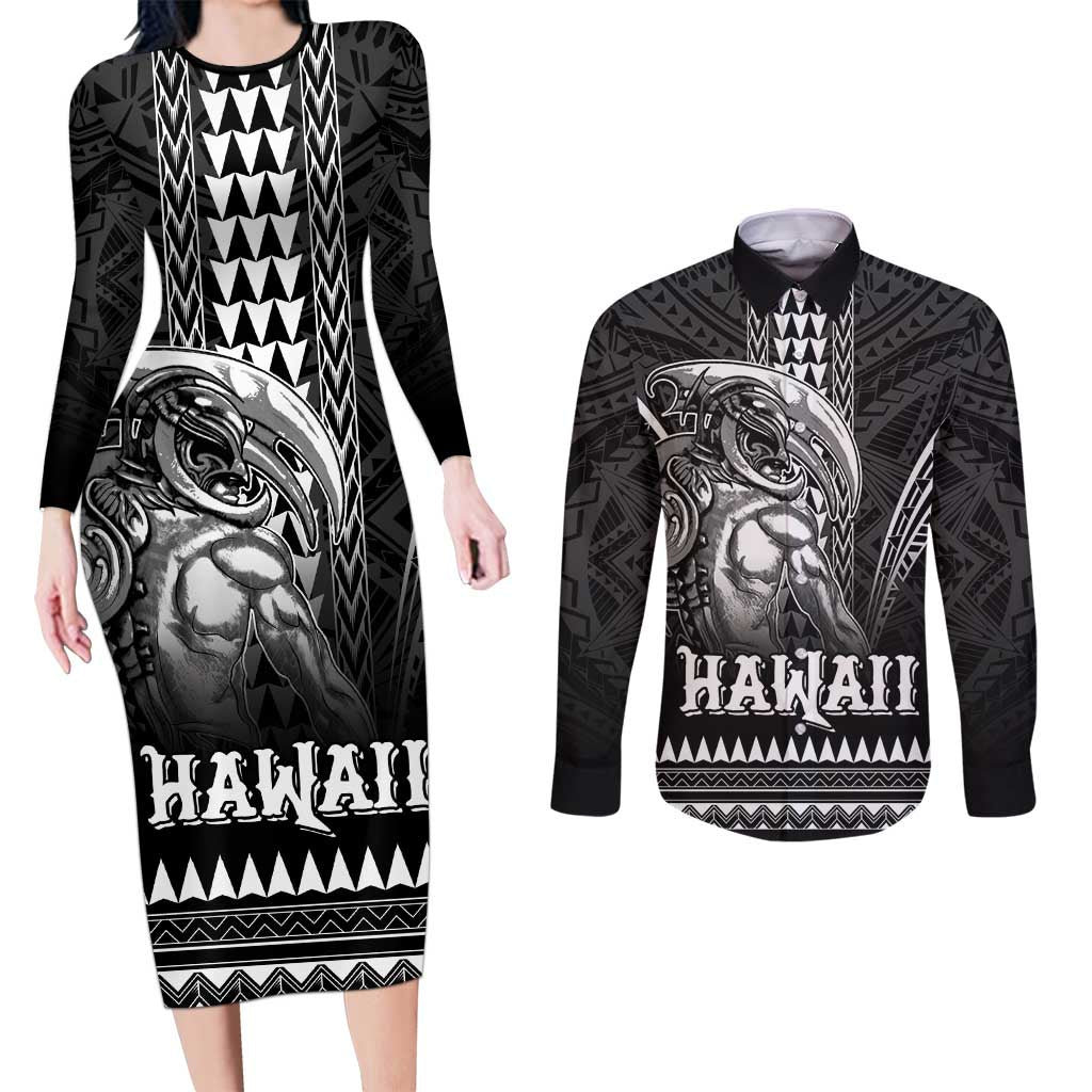 Hawaiian Ikaika Warrior Couples Matching Long Sleeve Bodycon Dress and Long Sleeve Button Shirt Tribal Pattern