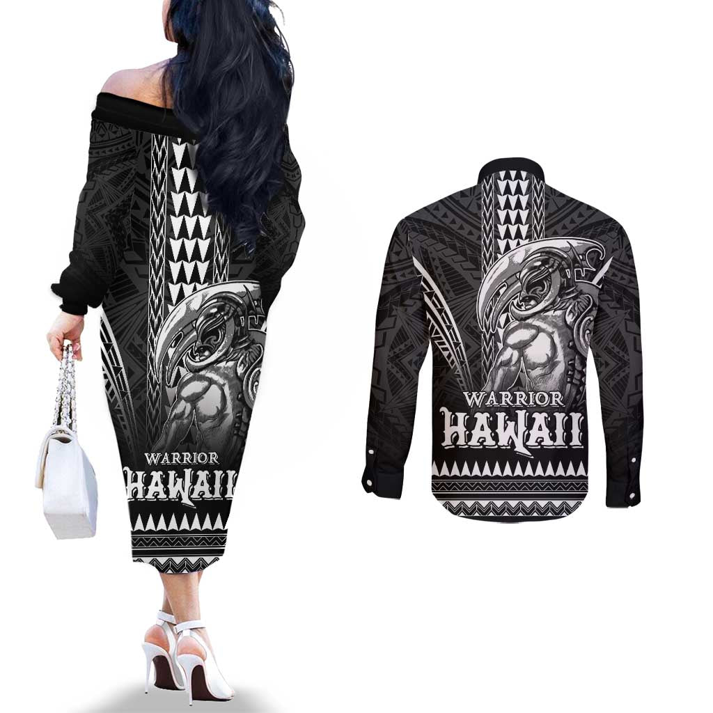 Hawaiian Ikaika Warrior Couples Matching Off The Shoulder Long Sleeve Dress and Long Sleeve Button Shirt Tribal Pattern