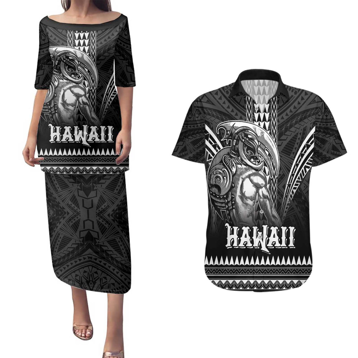 Hawaiian Ikaika Warrior Couples Matching Puletasi and Hawaiian Shirt Tribal Pattern