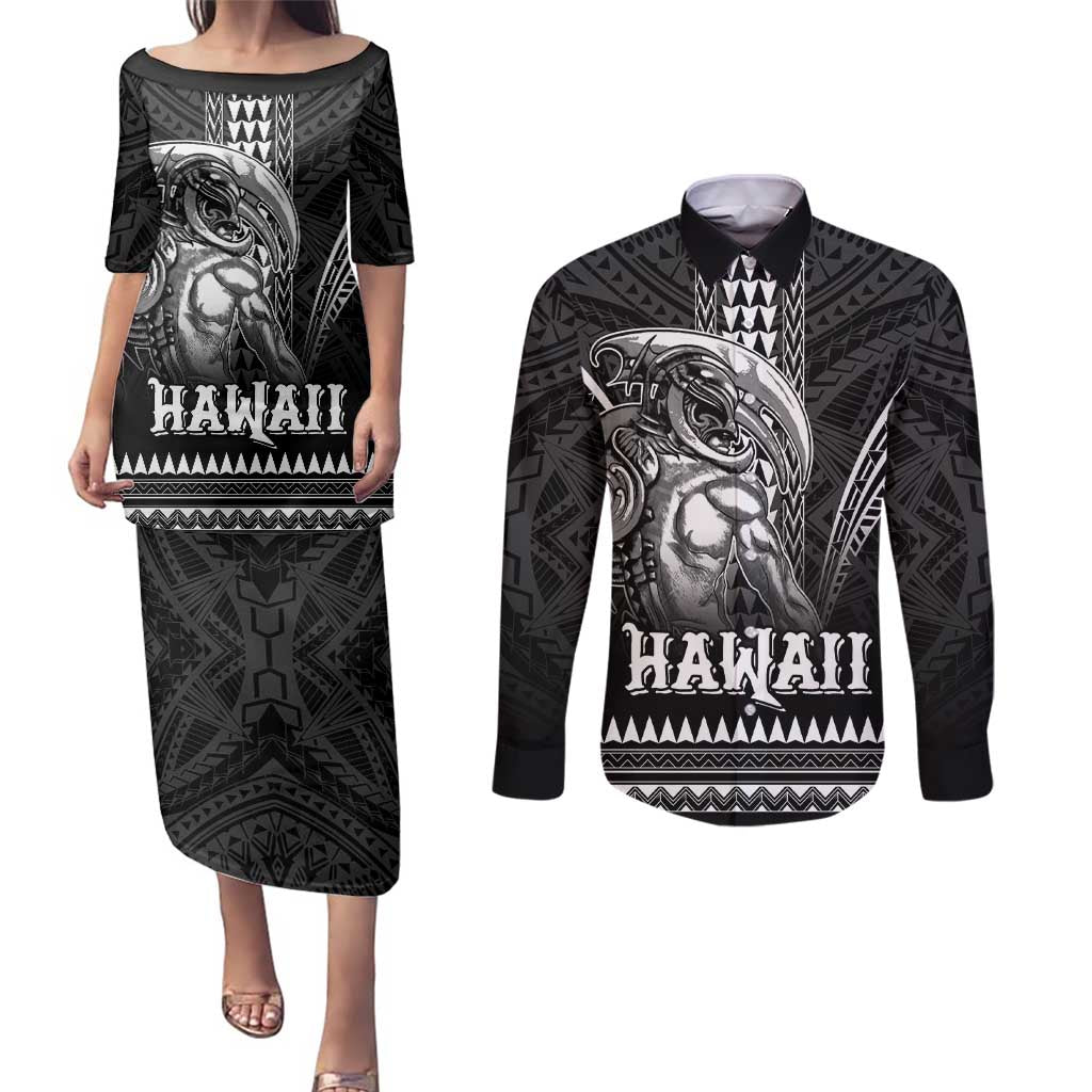 Hawaiian Ikaika Warrior Couples Matching Puletasi and Long Sleeve Button Shirt Tribal Pattern