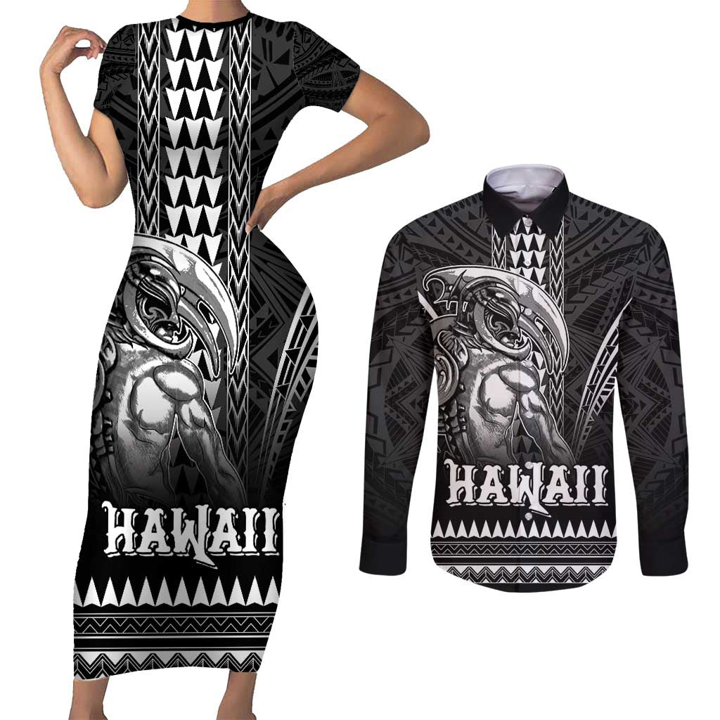 Hawaiian Ikaika Warrior Couples Matching Short Sleeve Bodycon Dress and Long Sleeve Button Shirt Tribal Pattern