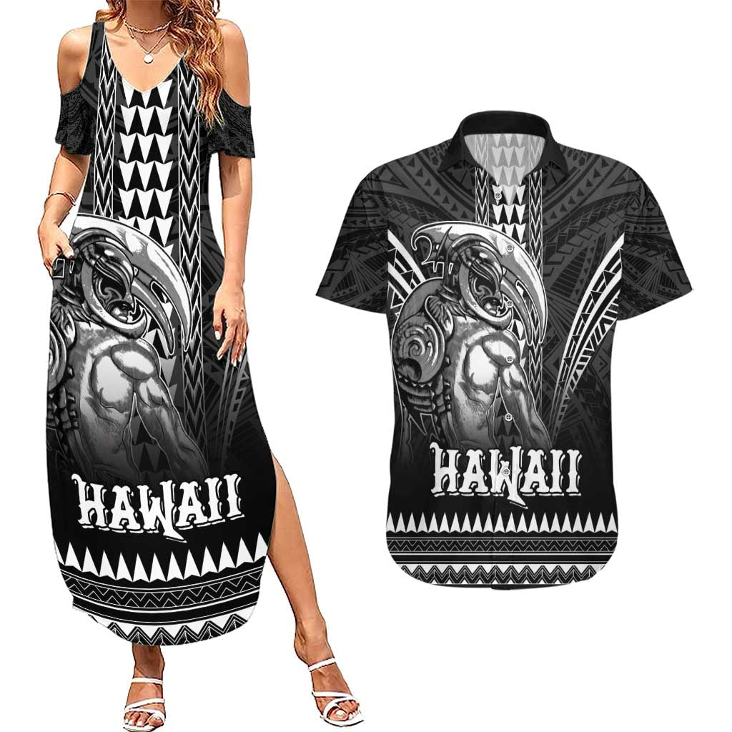 Hawaiian Ikaika Warrior Couples Matching Summer Maxi Dress and Hawaiian Shirt Tribal Pattern