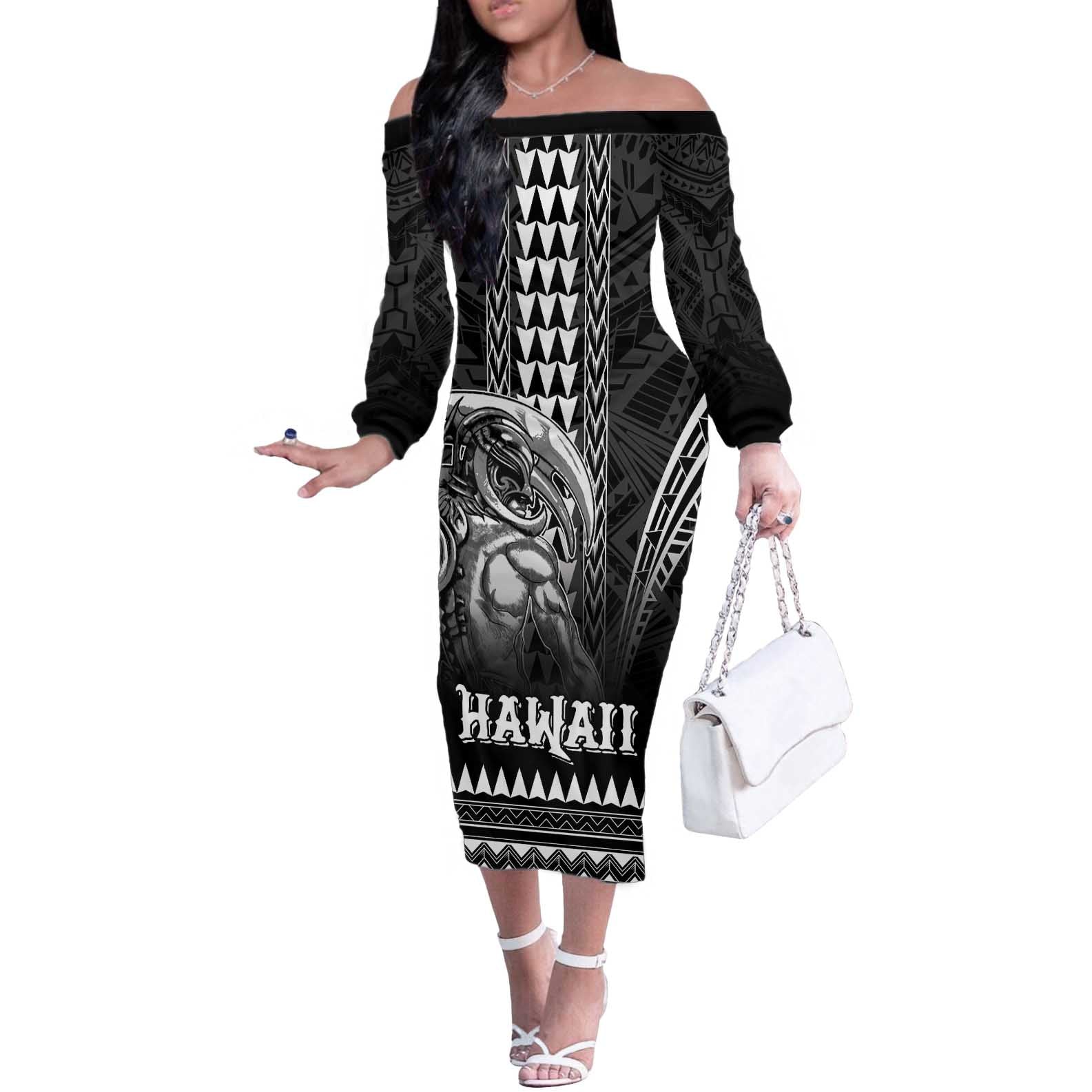 Hawaiian Ikaika Warrior Off The Shoulder Long Sleeve Dress Tribal Pattern